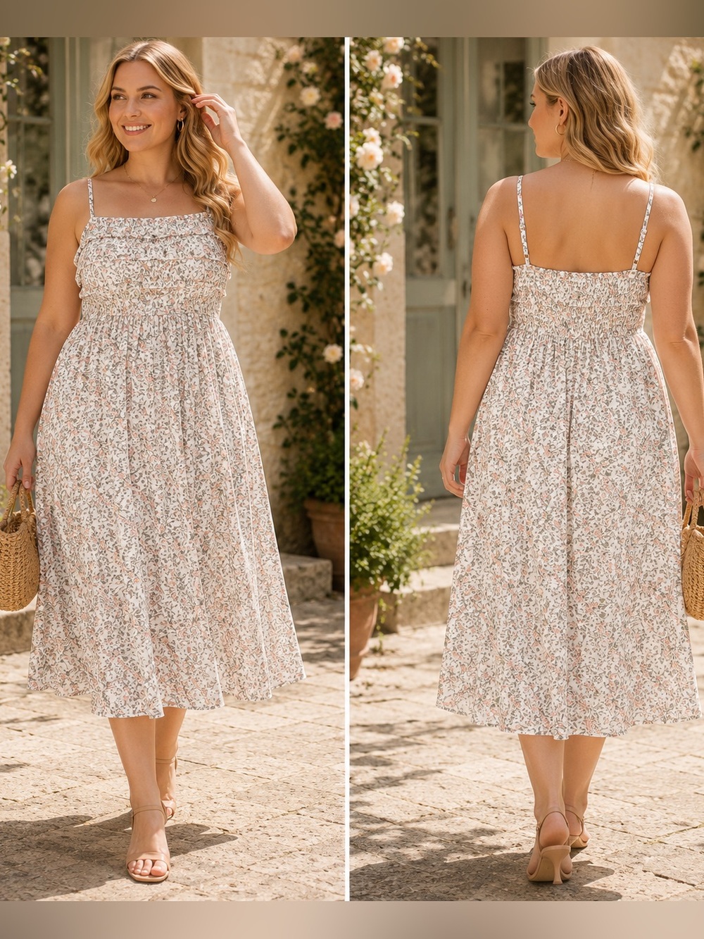 Peach Floral Spaghetti Strap Midi Dress Large Cottagecore Summer Wedding Guest